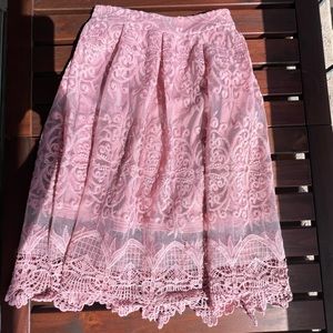 Summer Sweet Pink Elegant High Waist Pleated A-Line Lace Skirt